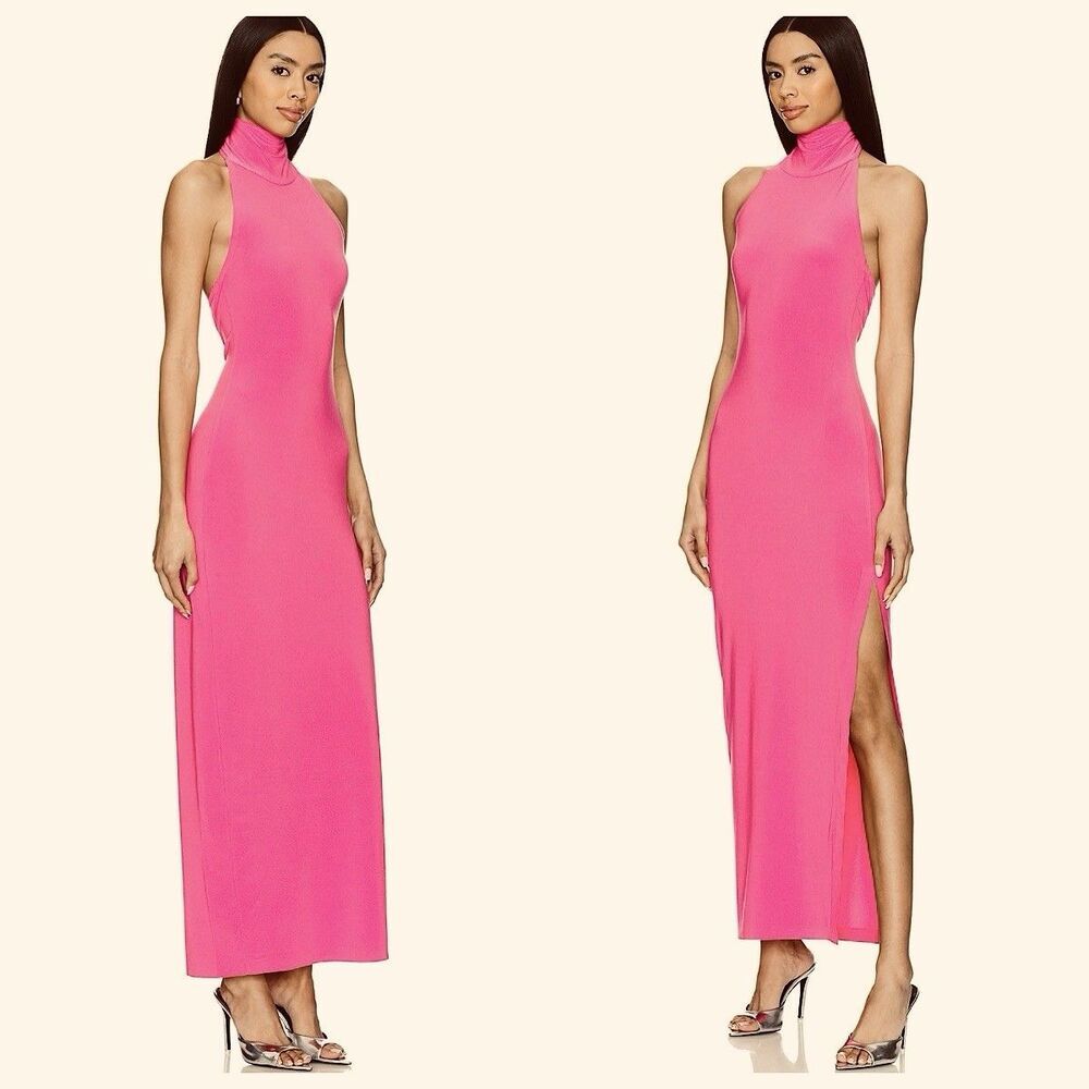 Norma Kamali Halter Turtleneck Side Slit Gown Maxi Dress Sz L Rose Pink Stretch - Picture 2 of 14